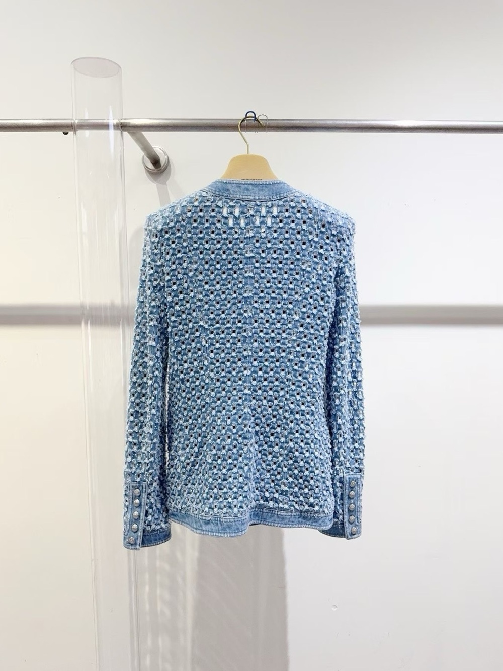 Balmain Light Blue Textured Denim-Trim Jacket - Picture 2 of 7